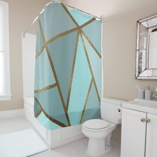 Seafoam Turquoise Green Blue & Bronze Geometric Douchegordijn (In situ)