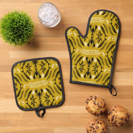 Seafood Art Decor Prints Ovenwant & Pannenlap Set (Top down)