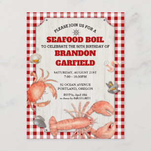 Seafood Boil Red Gingham and Wood Party Kaart