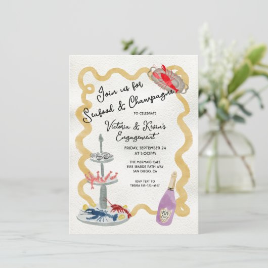 Seafood & Champagne Party Hand getrokken golvend l Kaart (Staand voorkant)