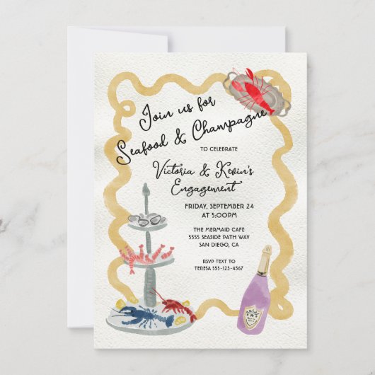 Seafood & Champagne Party Hand getrokken golvend l Kaart (Voorkant)