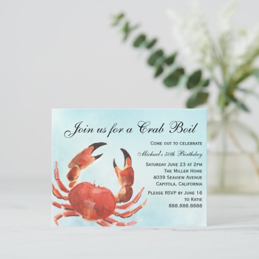 Seafood Crab Boil Summer Birthday Party Uitnodiging Briefkaart (Staand voorkant)