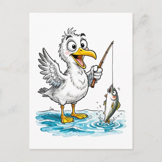 Seagull Fishing with Rod in Shallow Water Briefkaart (Voorkant)