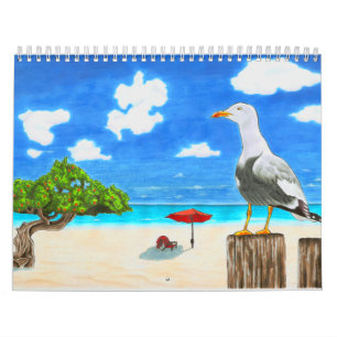 Seagull op een zonnig strand onder een blauwe heme kalender