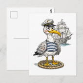 Seagull Sailor with Rope and Ship Background Briefkaart (Voorkant / Achterkant)