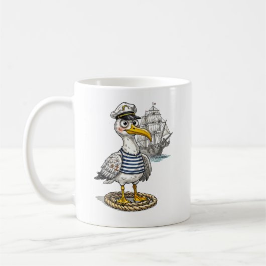 Seagull Sailor with Rope and Ship Background Koffiemok (Links)