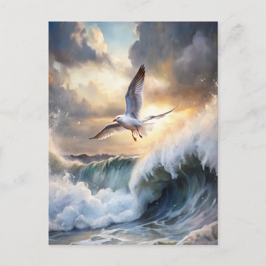 Seagull Soaring Waves Storm Clouds Ocean Coastal Briefkaart (Voorkant)