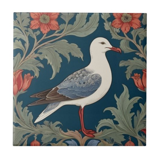 Seagull William Morris stijl Rechter Zee Marine Bi Tegeltje (Voorkant)