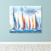 Seagulls Soaring With a Sailboat Regatta Canvas Afdruk (Insitu (Houten vloer))