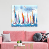 Seagulls Soaring With a Sailboat Regatta Canvas Afdruk (Insitu (Woonkamer))