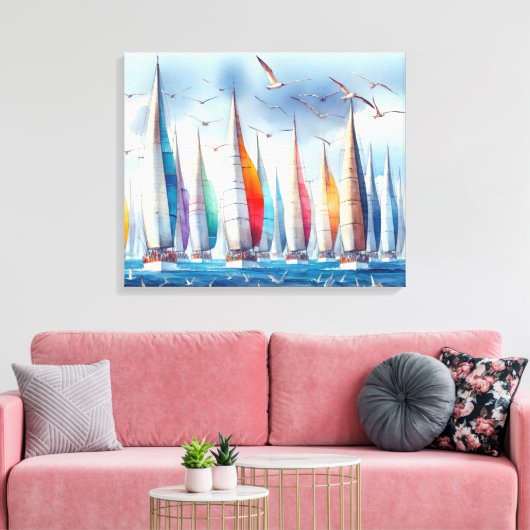 Seagulls Soaring With a Sailboat Regatta Canvas Afdruk (Insitu (Woonkamer))