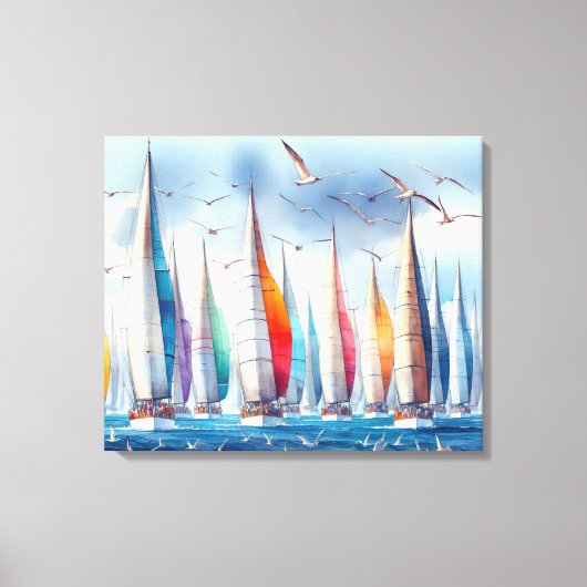 Seagulls Soaring With a Sailboat Regatta Canvas Afdruk (Voorkant)