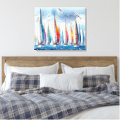 Seagulls Soaring With a Sailboat Regatta Canvas Afdruk (Insitu (Slaapkamer))