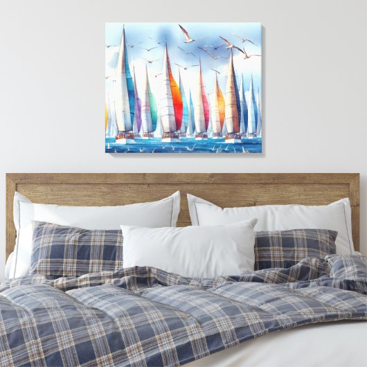 Seagulls Soaring With a Sailboat Regatta Canvas Afdruk (Insitu (Slaapkamer))