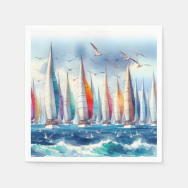 Seagulls Soaring With a Sailboat Regatta Servet