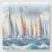Seagulls Soaring With a Sailboat Regatta Stenen Onderzetter (Voorkant)
