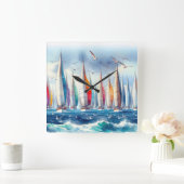 Seagulls Soaring With a Sailboat Regatta Vierkante Klok (Huis)