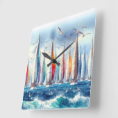 Seagulls Soaring With a Sailboat Regatta Vierkante Klok (Hoek)