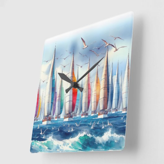 Seagulls Soaring With a Sailboat Regatta Vierkante Klok (Hoek)