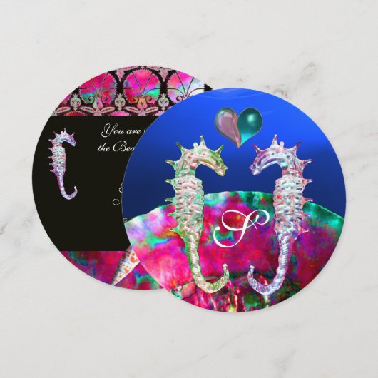 SEAHOREN IN LOVE BEACH WEDDING MONOGRAM KAART (Voorkant / Achterkant)