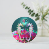 SEAHOREN IN LOVE BEACH WEDDING MONOGRAM KAART (Staand voorkant)