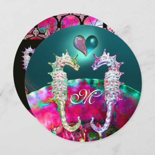 SEAHOREN IN LOVE BEACH WEDDING MONOGRAM KAART (Voorkant / Achterkant)