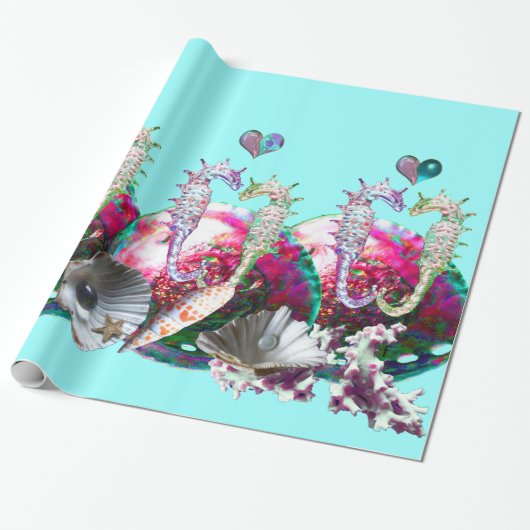 SEAHOREN IN LOVE, PINK BLAUWGROEN BLAUWE MOEDER VA CADEAUPAPIER (Uitgerold)
