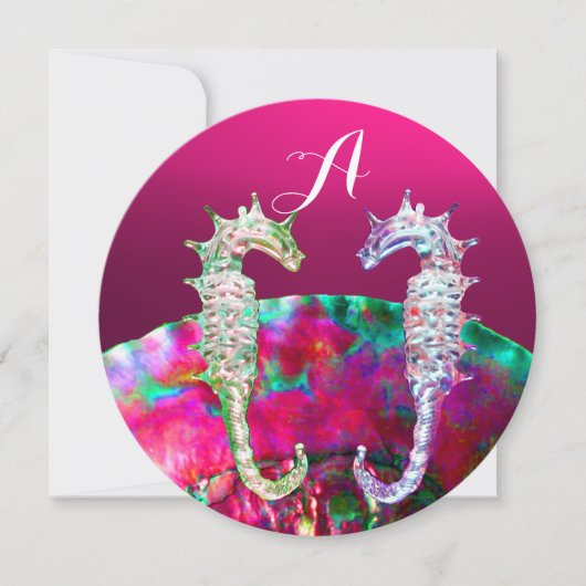 SEAHOREN, PINK NACRE BEACH WEDDING MONOGRAM KAART (Voorkant)