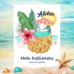 Seahorse Ananas Aloha Tropical Beach Kerstmis Feestdagenkaart<br><div class="desc">Met een tropisch strandthema kerstkaart wordt een waterverf zeepaardje gekenmerkt met een anananas (versierd met palmbladeren en hibiscus) als zwembad,  met zon,  zee en een zeestervis op de achtergrond,  en met Hawaiiaanse "Aloha" en "Mele Kalikimaka"-groeten in marinesblauw. Kunst op KL Stock.</div>