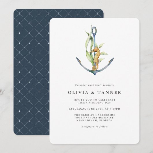 Seahorse and Anchor Nautical Wedding Kaart (Voorkant / Achterkant)