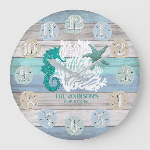 Seahorse and Beach Wood Nautical - Blue Teal Large Grote Klok