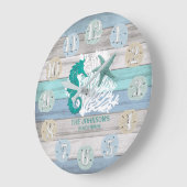 Seahorse and Beach Wood Nautical - Blue Teal Large Grote Klok (Hoek)