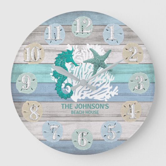 Seahorse and Beach Wood Nautical - Blue Teal Large Grote Klok (Voorkant)