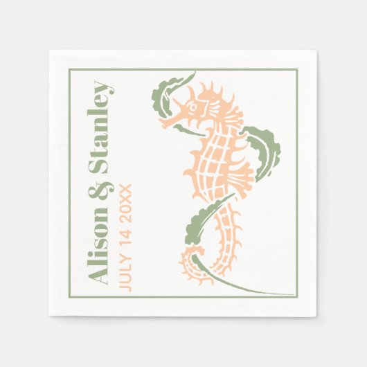 Seahorse and seaweed sage green and peach bruiloft servet (Voorkant)
