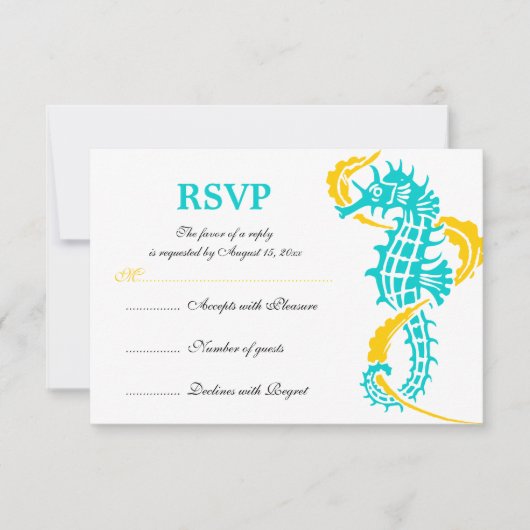 Seahorse and seaweed turquoise yellow bruiloft RSV RSVP Kaartje (Voorkant)