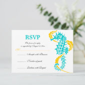 Seahorse and seaweed turquoise yellow bruiloft RSV RSVP Kaartje (Staand voorkant)