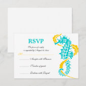 Seahorse and seaweed turquoise yellow bruiloft RSV RSVP Kaartje (Voorkant / Achterkant)