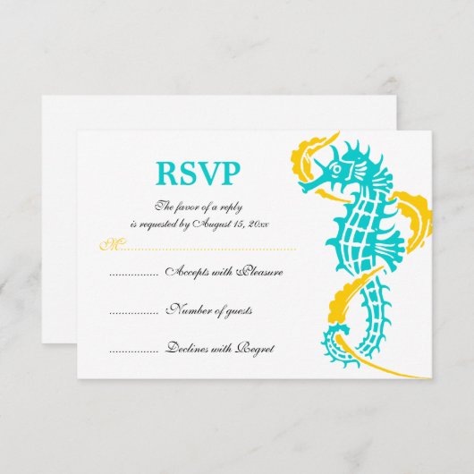 Seahorse and seaweed turquoise yellow bruiloft RSV RSVP Kaartje (Voorkant / Achterkant)