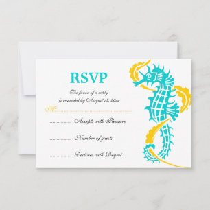 Seahorse and seaweed turquoise yellow bruiloft RSV RSVP Kaartje
