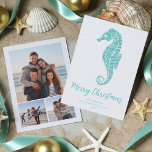 Seahorse Aqua Blue Glitter Beach Kerstmis 3 Foto Feestdagenkaart<br><div class="desc">Deze kerstkaart met kustthema is voorzien van een schattig aquablauw glitterzeepaardje,  met vrolijk kerstscript en 3 foto's op de achterkant. Bekijk het collectie voor bijpassende producten en andere kleurstellingen,  of stuur me een bericht via Zazzle Chat als je een speciaal bijpassend product nodig hebt.</div>