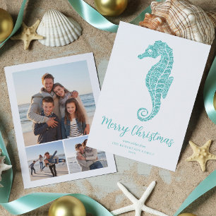 Seahorse Aqua Blue Glitter Beach Kerstmis 3 Foto Feestdagenkaart