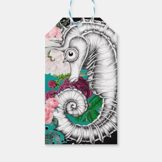 Seahorse Aqua Rozen Inkt Cadeaulabel (Voorkant)