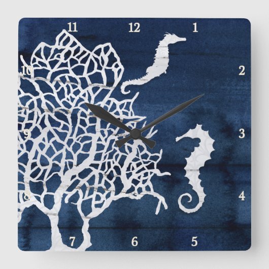 Seahorse Beach House Coral  Navy Blue White Vierkante Klok (Voorkant)