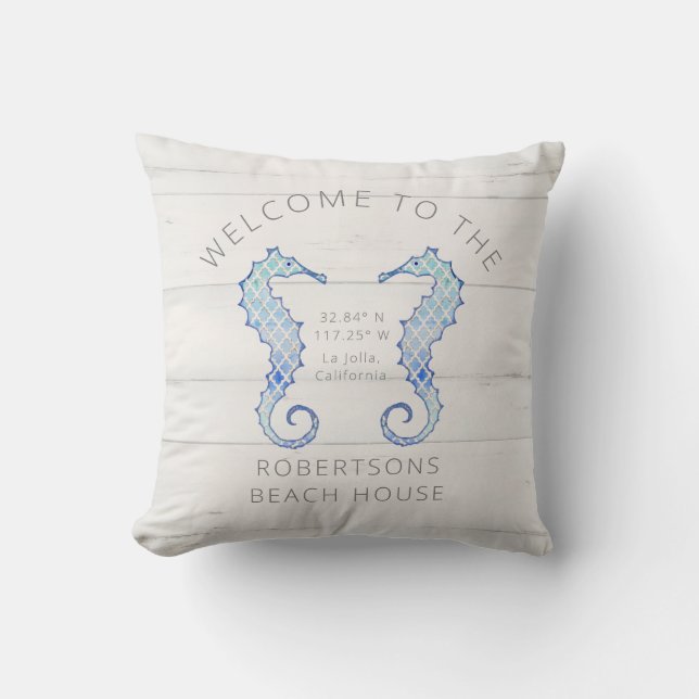 Seahorse Beach Rustic Waterverf Arabesque Pattern Kussen (Voorkant)