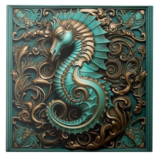 Seahorse Blauwgroen en Copper Marine Life Aquatic Tegeltje (Voorkant)