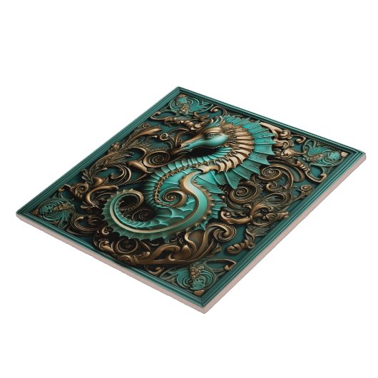Seahorse Blauwgroen en Copper Marine Life Aquatic Tegeltje (Zijkant)