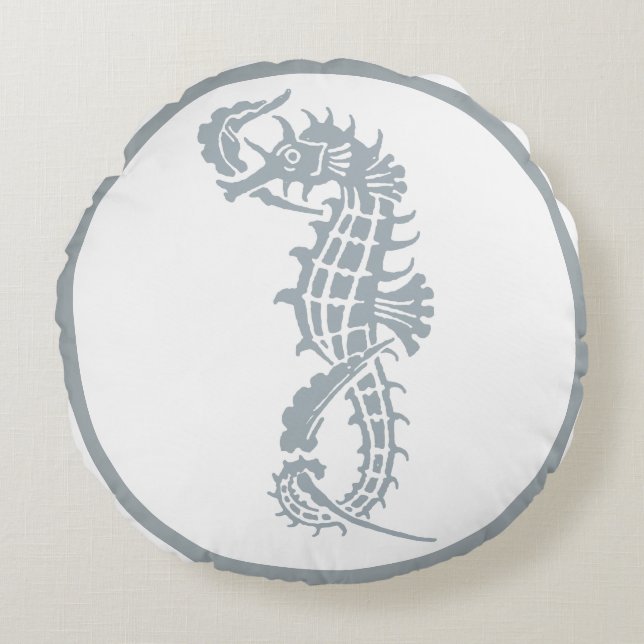 Seahorse Blue Classic Nautical Elegant Rond Kussen (Voorkant)