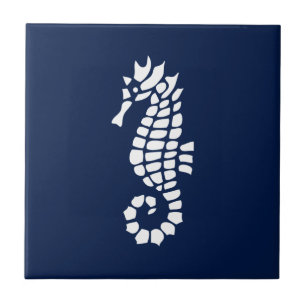 Seahorse Blue en White Coastal Ceramic Tile Tegeltje