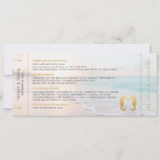 Seahorse Boarding Pass Ticket Beach Weddenschap Save The Date (Achterkant)