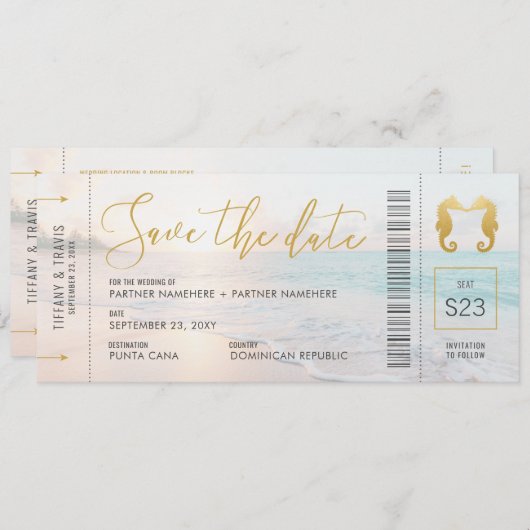 Seahorse Boarding Pass Ticket Beach Weddenschap Save The Date (Voorkant / Achterkant)